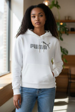 Puma Hoodie Sweatshirt Womens Small White Silver Logo Cropped Pullover Fleece