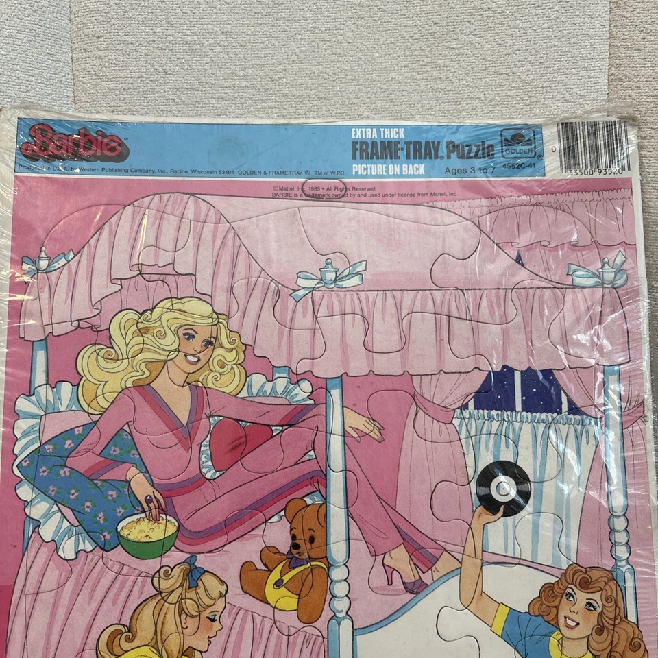 1985 Mattel Extra Thick Frame Tray Puzzle Golden Barbie Sleep over Party NEW - Image 4 of 4
