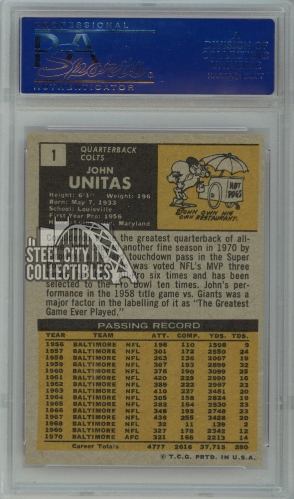 Johnny Unitas 1971 Topps Football Card #1 PSA 8 NM-MT (841) view 2