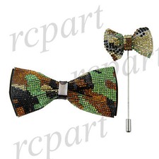 New in box Brand Q Men's bowtie lapel pin 2 piece set crystal brown black green
