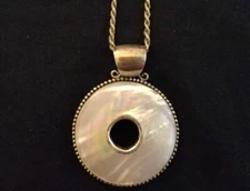 Round Slide Pendant 925 Sterling Silver Mother-of-Pearl Y2K 1.5" Handmade Vtg