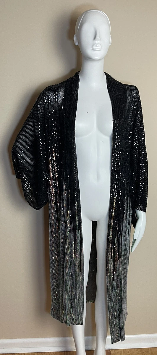 Free People Party On Sequin Kimono Silver Black Metallic Open