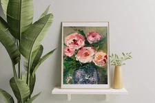 Original impasto Pink roses painting Abstract flowers vase perfect present gift