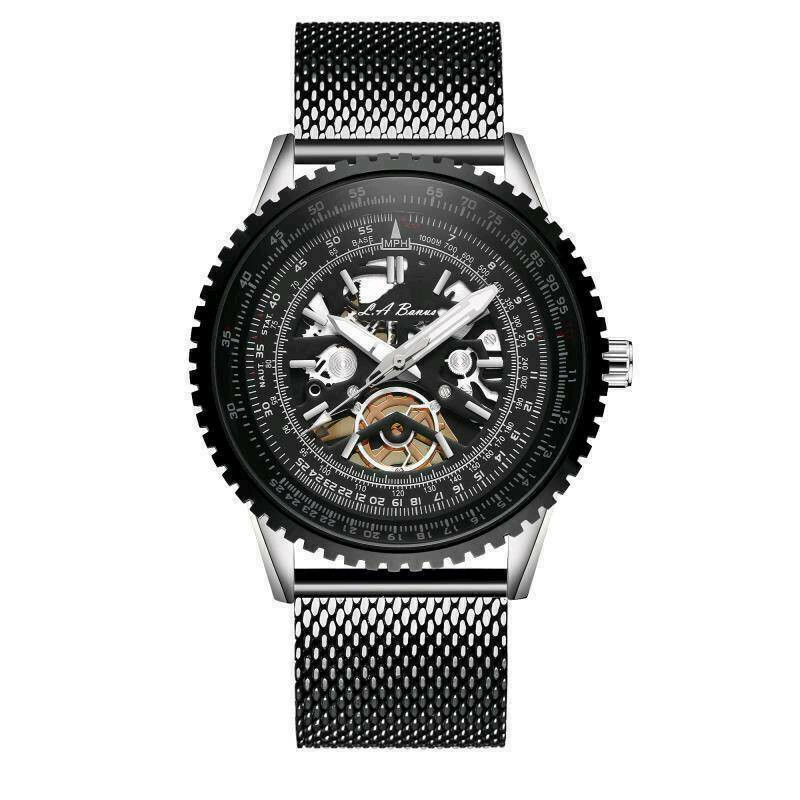 MENS LA BANUS SKELETON DIAL Black WATCH SHARK MESH STRAP BLACK