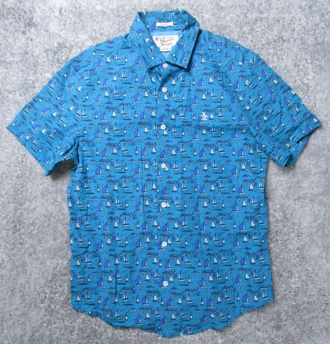 Penguin Shirt Mens Small Classic Fit Dress Blue Short Sleeve