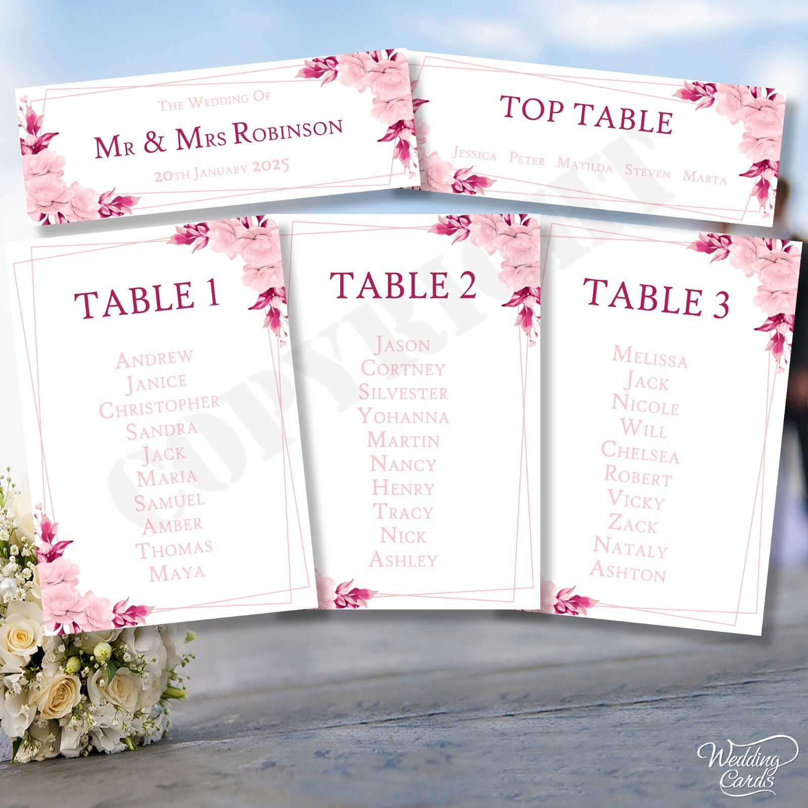 Personalised Wedding Party Table Plan Name Place Card seating chart Flowers A5