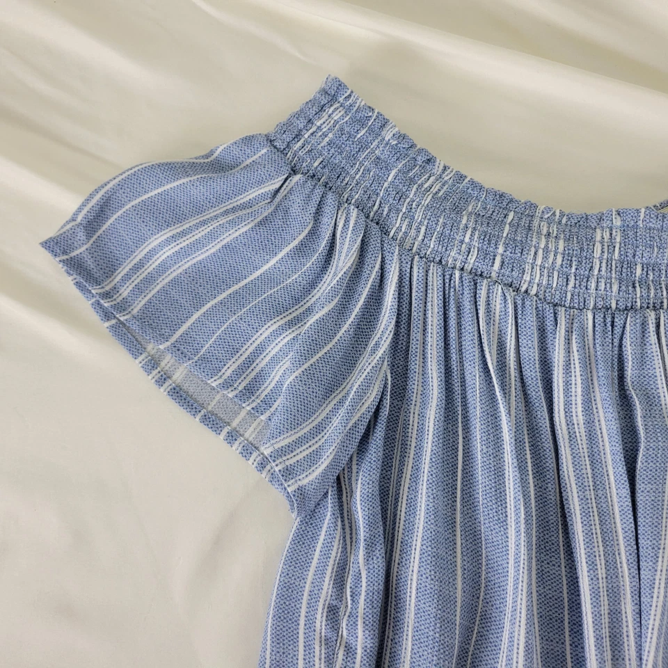 Camisa Jolt Mujer Pequeña Azul Plisada Top Rayas Cuello Barco Calado Manga Corta Foto 4 de 4