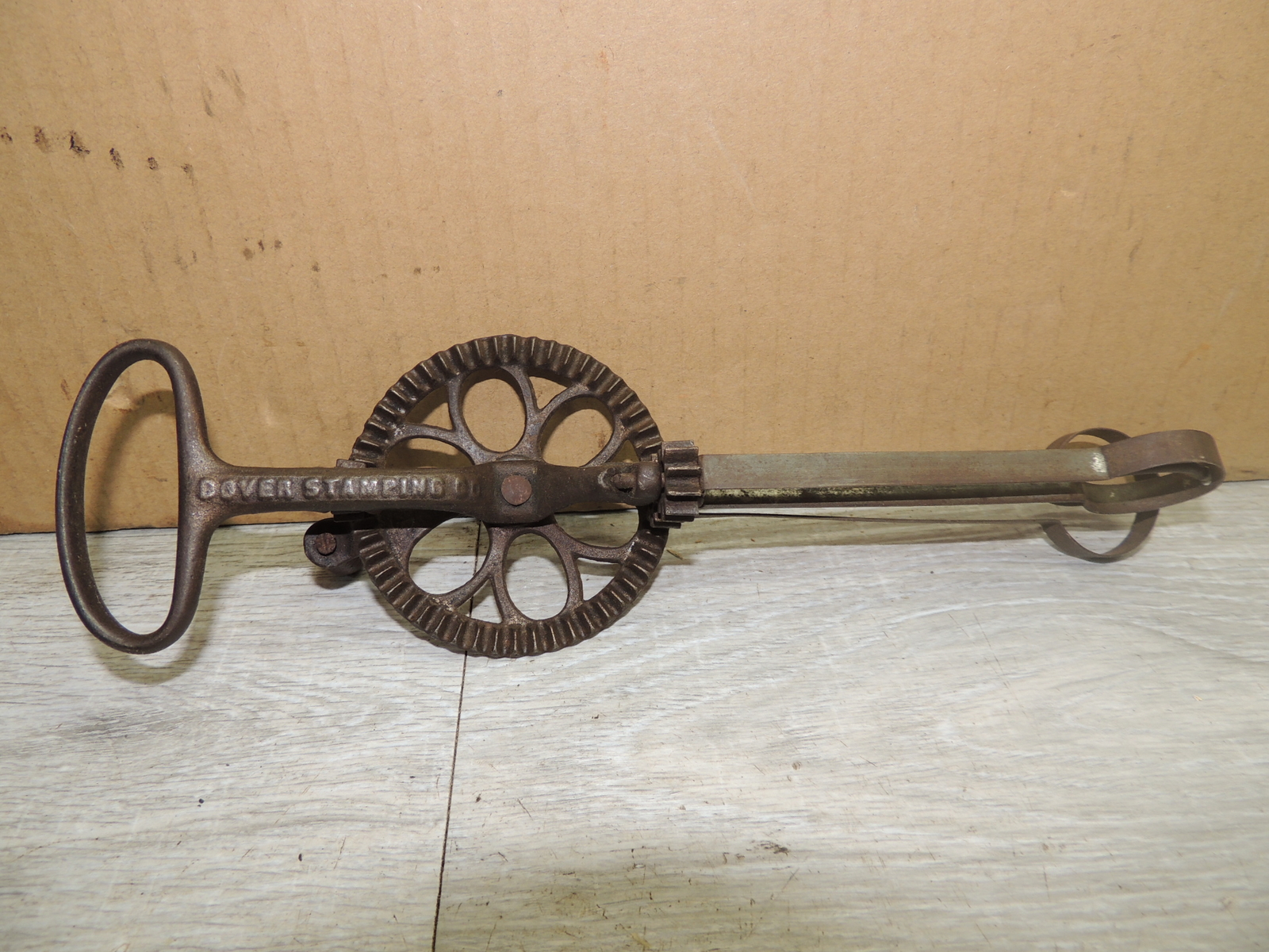 1891 Cast Iron Dover Mfg Egg Beater, Works, 10" Tall, Wood Handle