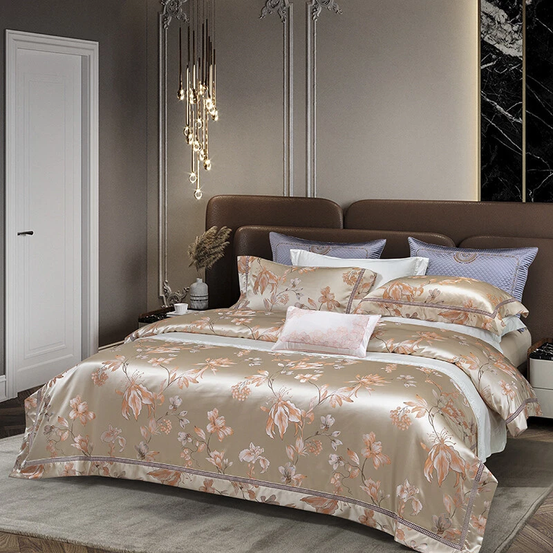 Juego de ropa de cama de algodón de seda natural 4 piezas funda de edredón funda de cama/plana/juego de sábanas ajustadas Foto 4 de 4