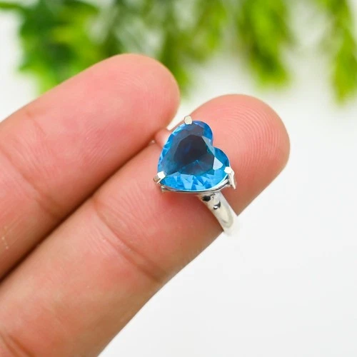 Blue Topaz Gemstone Round 925 Sterling Silver Handmade Jewelry Ring Gift For