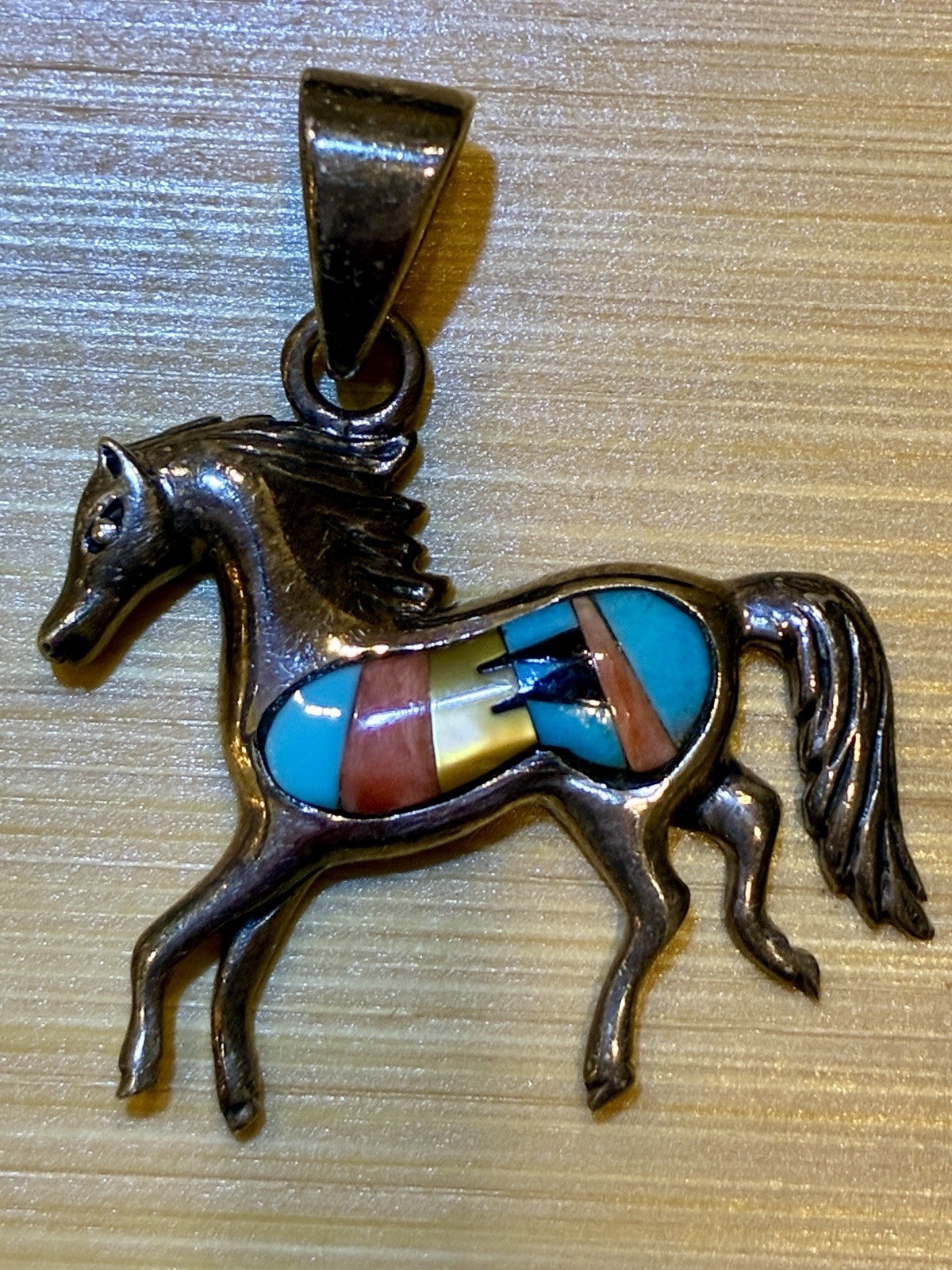 Sterling Silver Horse Pendant Inlay Turquoise Multicolor Gemstones Charm-3.65g