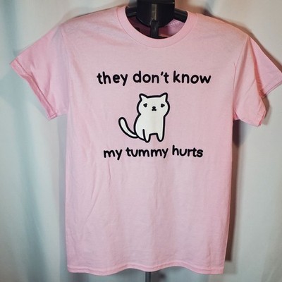 Girls Small Pink T-Shirt ''They Dont Know My Tummy Hurts'' Funny Cat Graphic Shirt
