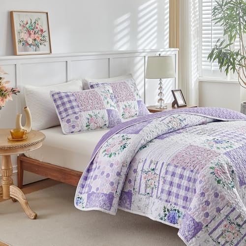  3 Pieces Floral Quilt Set Queen, Patchwork n Pink Flowers Queen-90"x90" Purple