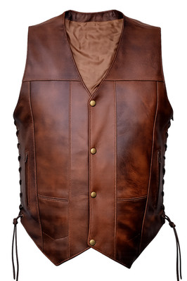 Mens Biker Moto Rider Vintage Distressed Brown Leather Motorcycle Vest Top Upper