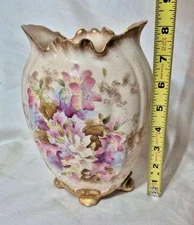 Antique Adderley England Hand Painted Floral Embossed Footed Scalloped Vase 8.5”