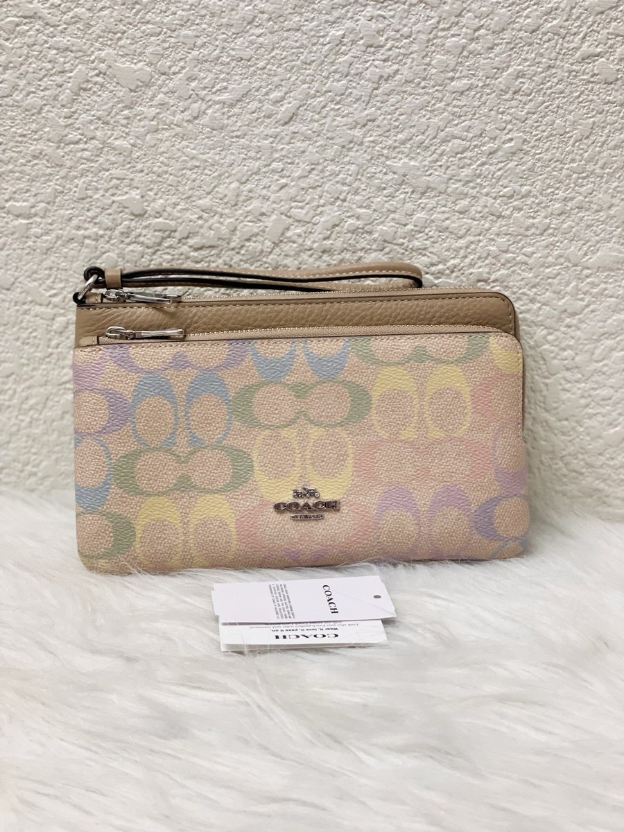 NWT Coach Double Zip Wallet Rainbow Signature Canvas CDN23 Silver