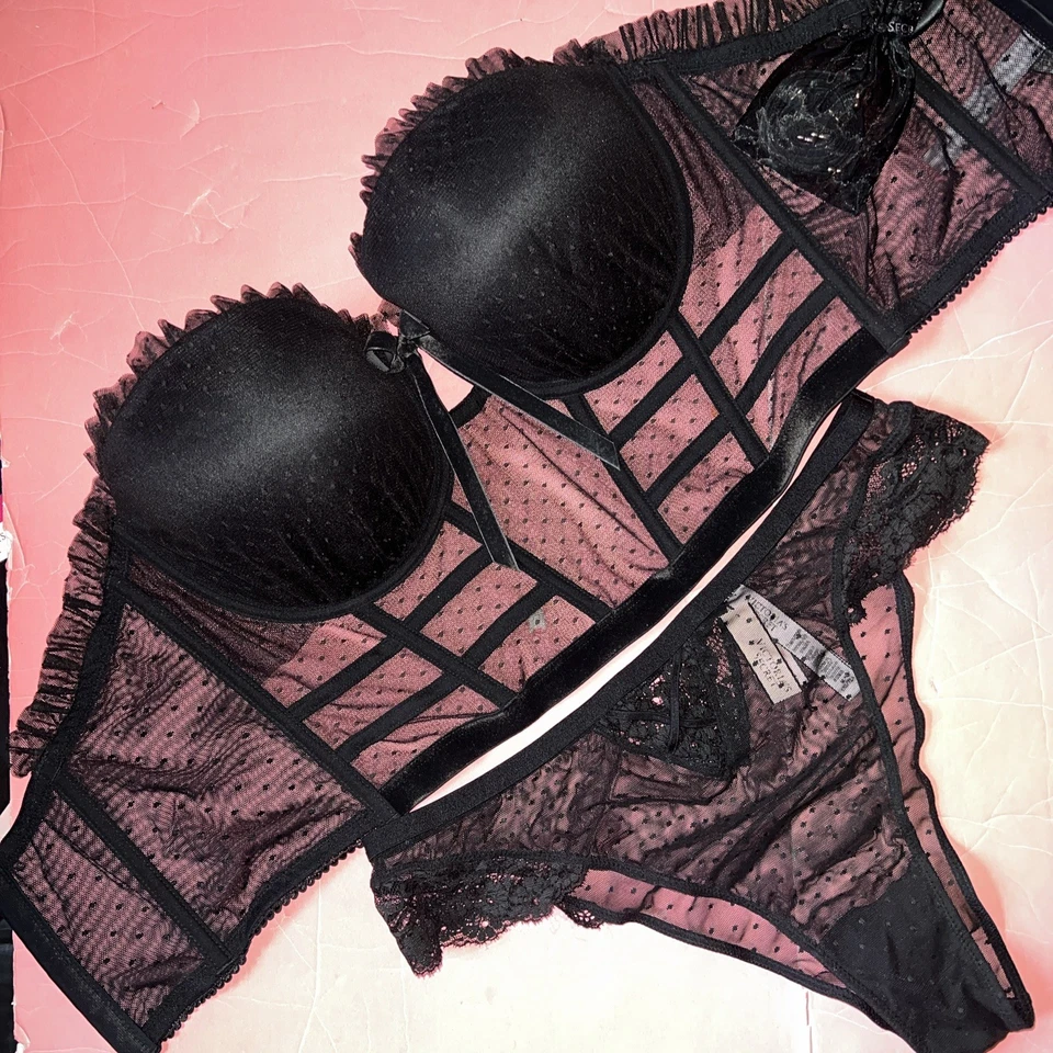 Victoria's Secret 34DD,36DD CORSET TOP BRA SET M panty Black Polka Dot STRAPLESS - Image 2 of 4