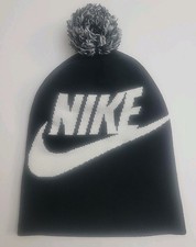 Nike Swoosh Pom Beanie Hat Youth One Size Black And White Kids Size