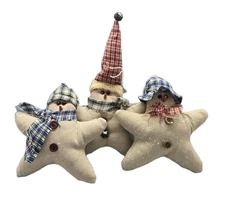 Primitive Snowman Star Christmas Ornaments (3) Fabric Rustic Country 6.5" EUC 