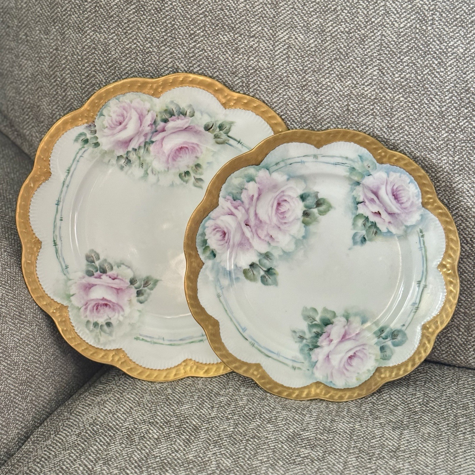 Antique H&Co Limoges France Gold Painted Floral China Plates - Dinner & Dessert