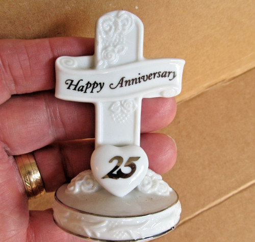 Vintage ~ 25th Wedding Anniversary Small 3" Ceramic Cross ~ Gift or Cake Top