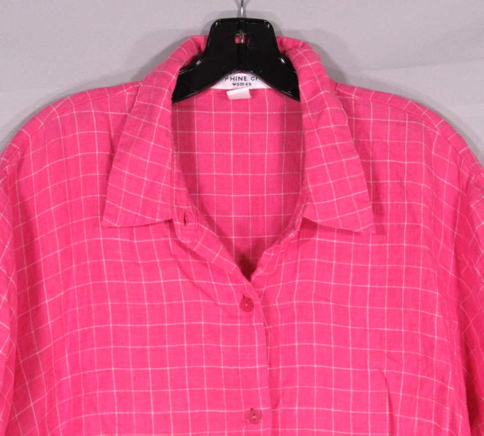 Camisa/Top JOSEPHINE CHAUS MUJER Rosa con Cuadros Blancos LINO Abotonada Talla 2/2X Foto 2 de 4