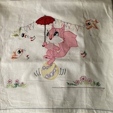 Vintage White Cotton Baby Crib/Bassinet Flat Sheet Embroidery Birds/Squirrel