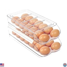Stackable 2-Layer Clear Plastic Egg Holder - Rolling Organizer & Fridge Bin