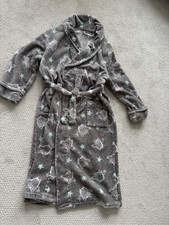 Grey Dressing Gown Fluffy Cosy Soft Long Bath Robe Owls And Stars Design Size M