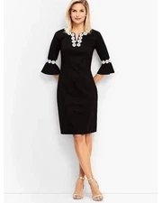 TALBOTS BLACK CLASSIC DRESS- EMBROIDERED Flounce Sleeve Shift Slimming Sz 2 EUC