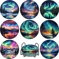 8 Pcs Aurora Diamond Art Coasters Kits with Holder, Landscape Diamond Painting C