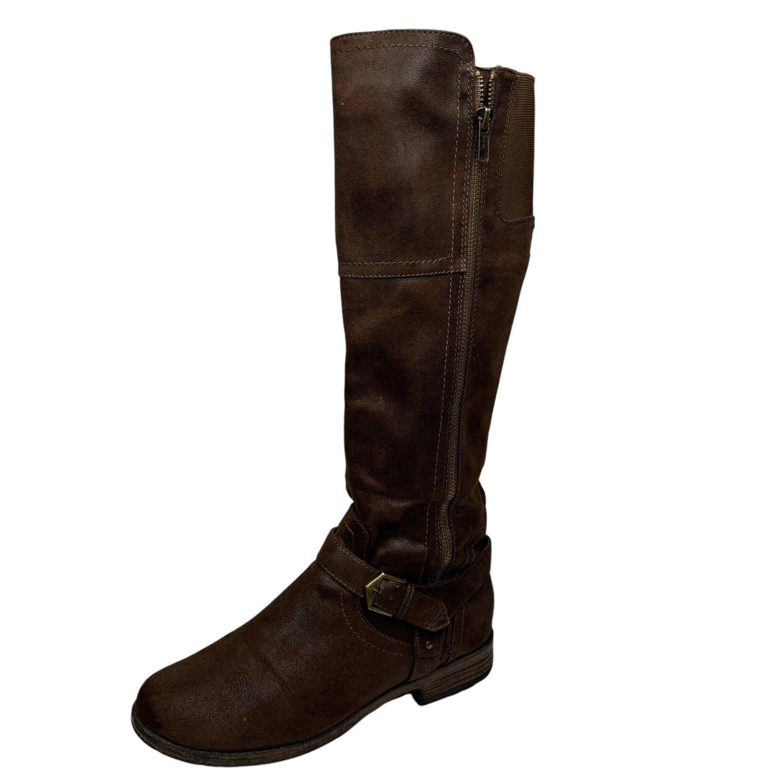 Chocolate Colored Vegan Leather & Fabric Riding Boots Full Side Zipper Size 8.5