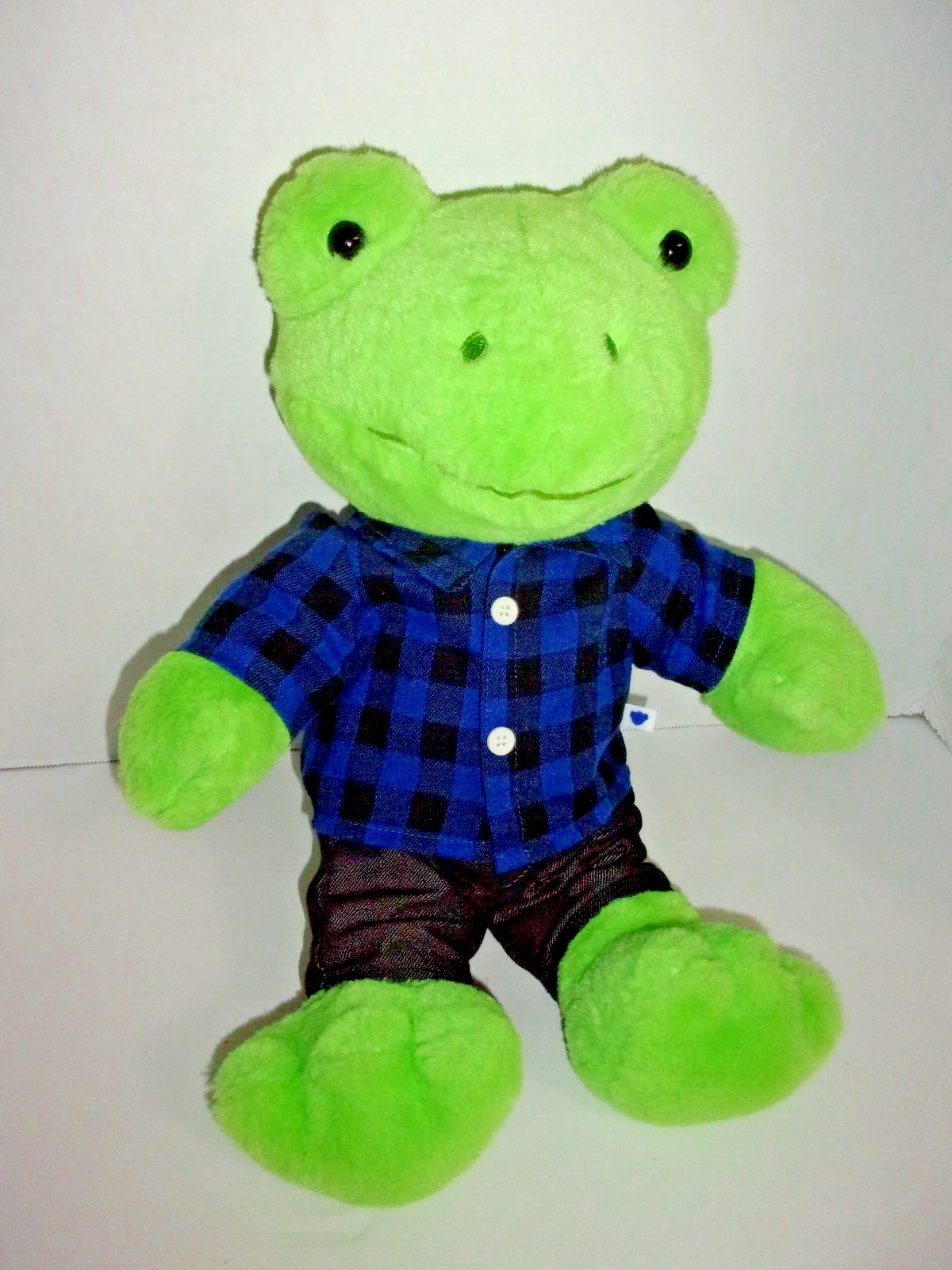 Build A Bear Green Frog Plush Stuffed Animal with Plaid Shirt and Denim Jeans 17 Inches  