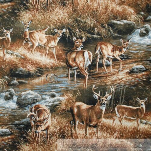 BonEful Fabric FQ Cotton Quilt Brown Green Log Cabin Deer L Scenic Buck Hunt USA - Picture 11 of 12