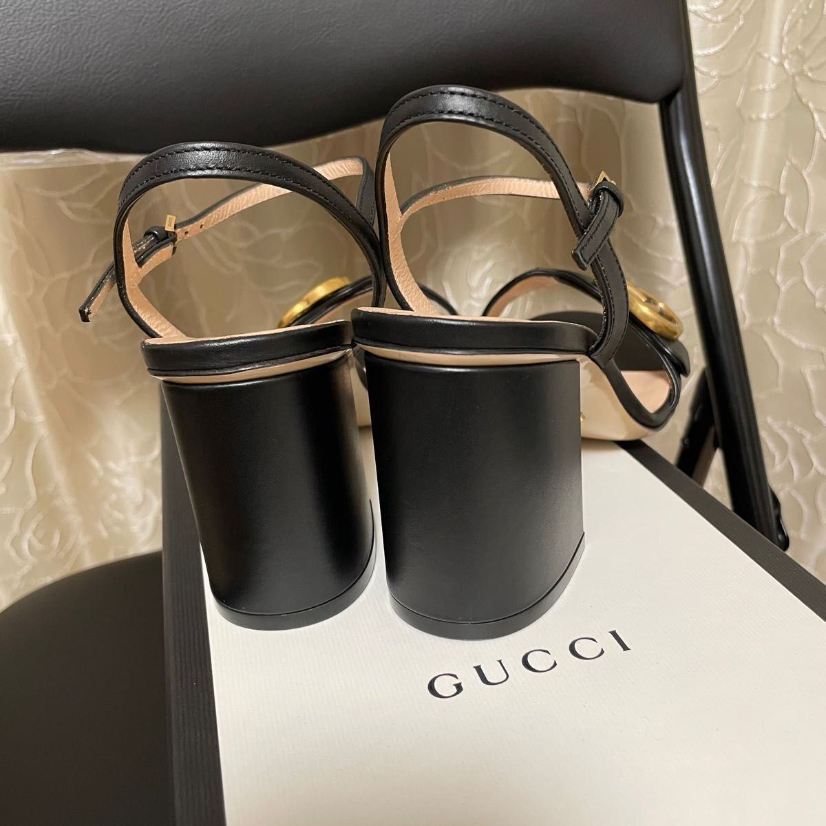 Gucci Marmont GG Black Leather Mid Heels Sandals Shoes Pumps Gucci Marmont GG Black Leather Mid Heels Sandals Shoes Pumps