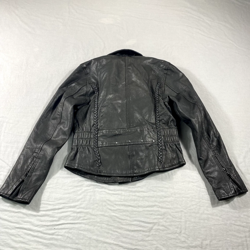 Jaqueta de couro prata feminina pequena preta com zíper completo forrada para motociclista - Imagem 2 de 4