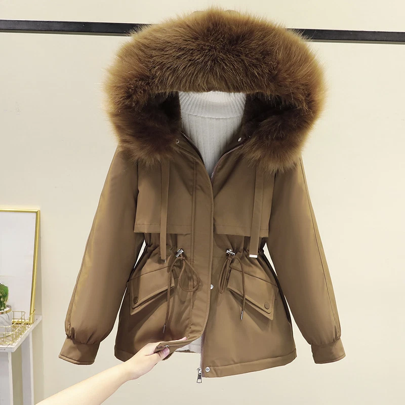Women Fleece Lined Padded Coat Faux Fur Hooded Jacket Tunic Drawstring Parka Ski - Image 4 of 4