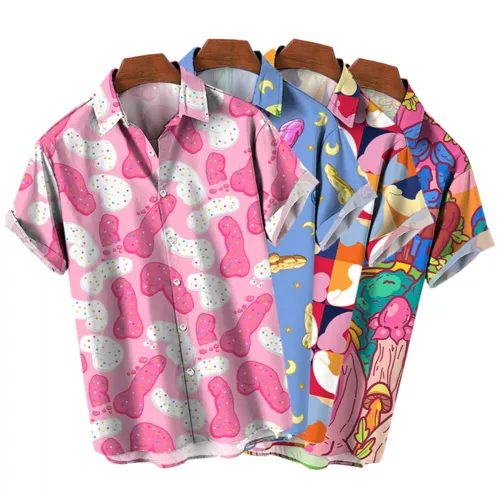 Mens Novelty Button Shirt Fun 3D Printed Short Sleeve T-Shirt Hawaiian Beach-Top - Picture 10 of 17