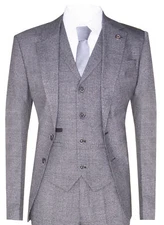 Mens Grey 3 Piece Suit Prince of Wales Check Classic Tailored Fit Wedding Suit