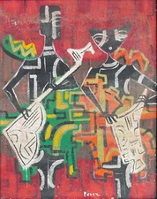 Vintage 50s Abstract Cubist Musician Oil Painting MCM Mid Century Modern Signed