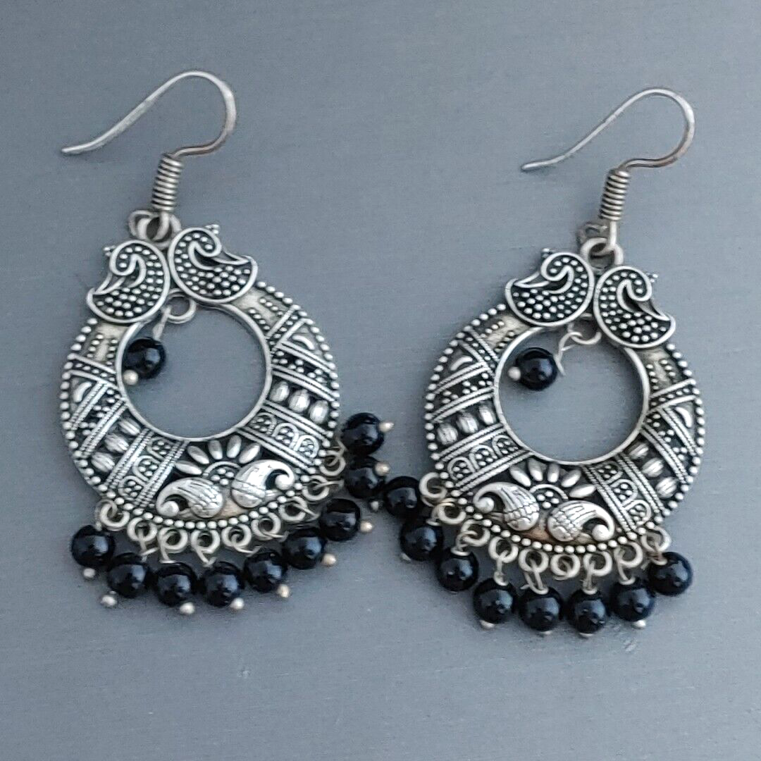 Silver Tone Boho Ornate Dangle Earrings Open Round Hoop Black Bead Fringe  3/8”
