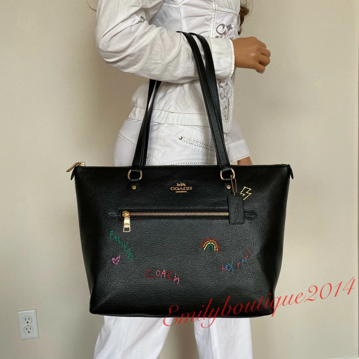 NWT Coach C8365 Gallery Tote With Diary Embroidery Black Pebble Leather Bag