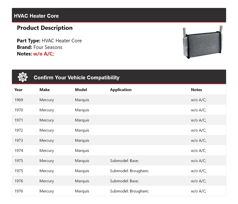 Núcleo de calefacción de climatización Mercury Marquis 1969-1976 4 estaciones 1970 1971 1972 1973 Foto 2 de 4