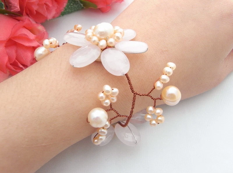 Pink Pearl Rose Quartz Flower Statement Bracelet 8"  Handmade free shipping - Image 2 of 2