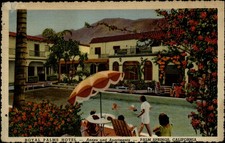 Palm Springs CA Royal Palms Hotel pool WII comment on back 1944 linen postcard