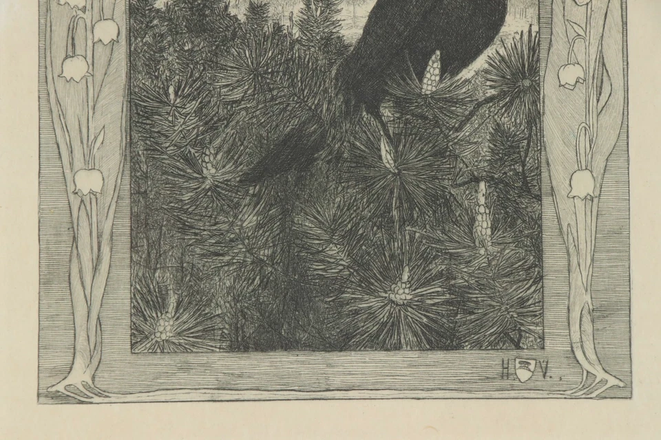 HEINRICH VOGELER Tannenzweige mit Amsel Jugendstil Radierung art nouveau etching - Bild 4 von 4