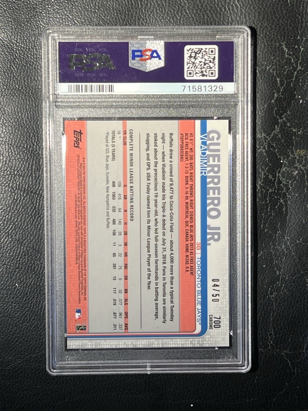 VLADIMIR GUERRERO JR 2019 Topps Chrome Complete Gold Refractor 4/50 PSA 10 RC view 2