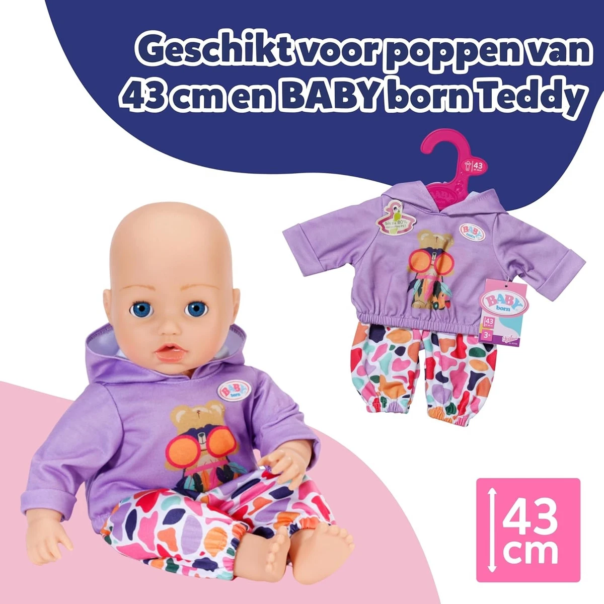 BABY born Hoodie Outfit, Purple Sweater and Colourful Trousers for 43cm Dolls, 8