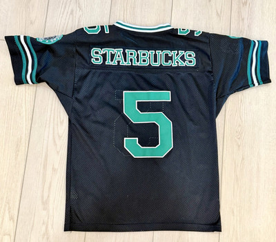 RARE THRIVE STARBUCKS BLACK FOOTBALL JERSEY SMALL SEWN LETTERS NUMBERS PATCHES
