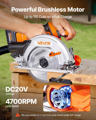 VEVOR 6-1/2'' Cordless Circular Saw, 4700 RPM Brushless w/ Battery & Charger
